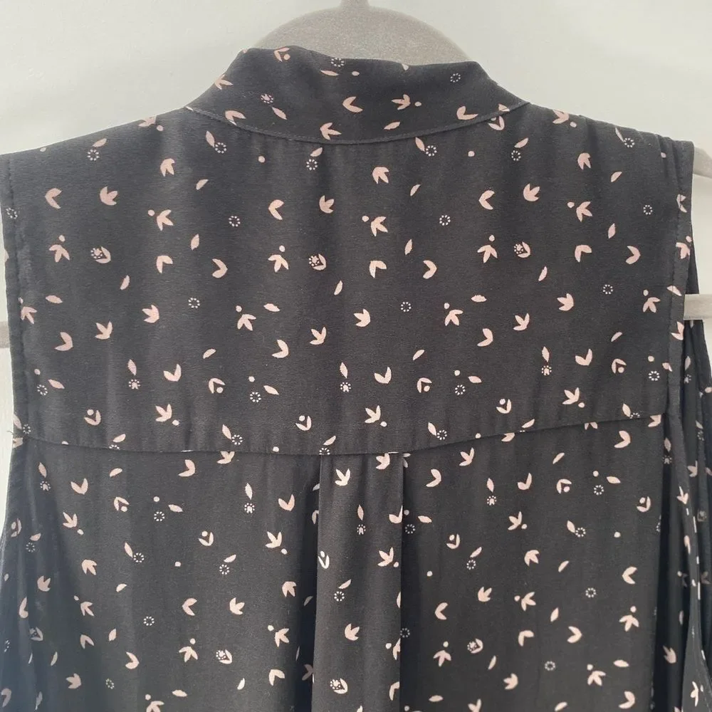Free People High Low Hem Tank Top Black Sleeveless Printed Blouse Tie Womens L